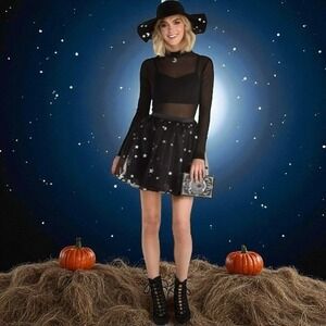 Southern Belle Witch Short Sheer Black Dress Wide Brimmed Hat Moon Stars S 2-4